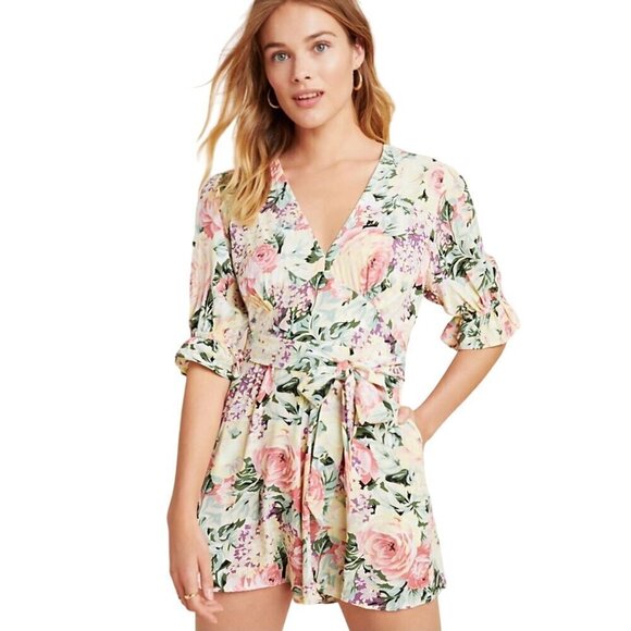 Anthropologie Faithfull Ana Floral Romper Tie Waist 3/4 Puff Sleeves Size 2 - Picture 5 of 12